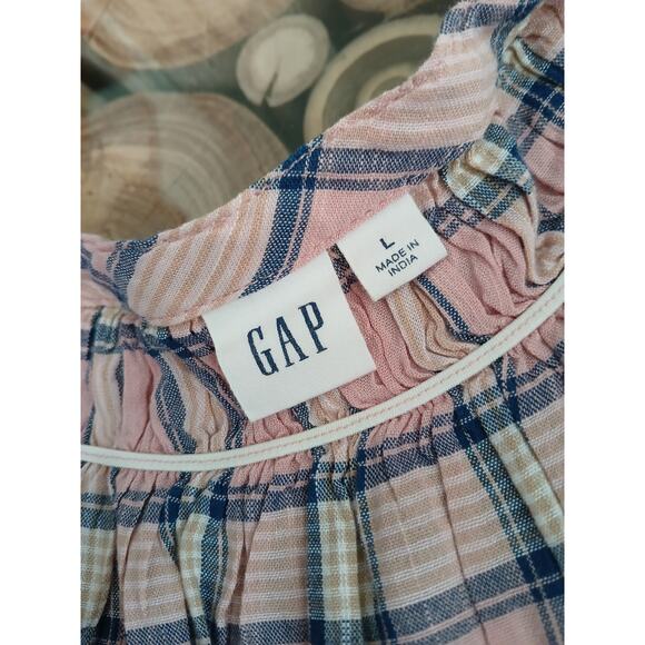 GAP Plaid Gathered Blouse Puff Sleeve Pink Blue White Button Front Top Large - Picture 3 of 12
